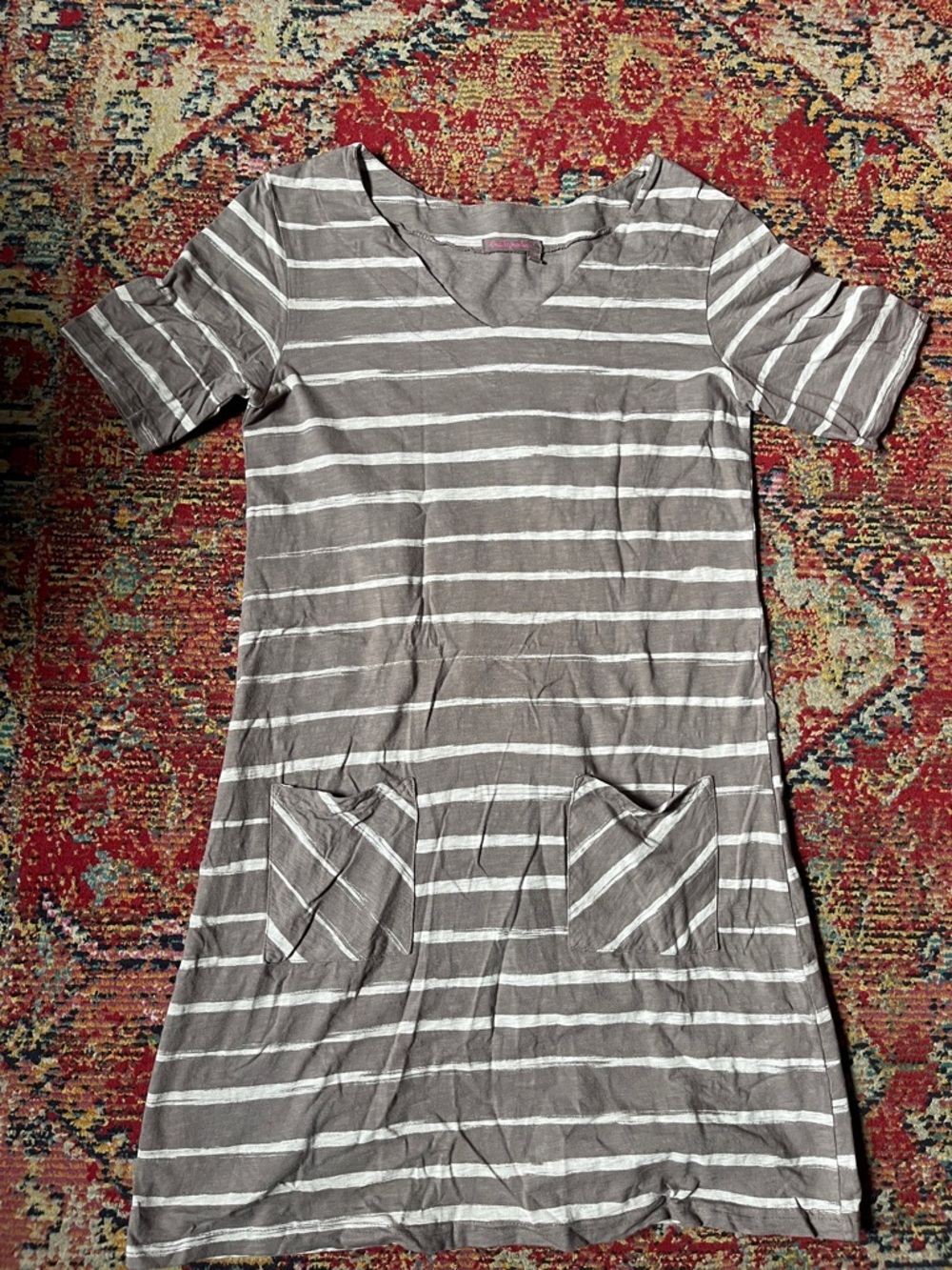 fresh produce Gray & White Striped Tee with Pink Logo